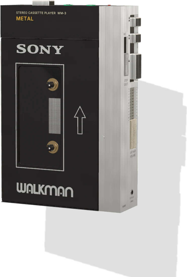 Sony Walkman WM-3: black lid with the cassette window, brushed aluminium frame with the transport keys